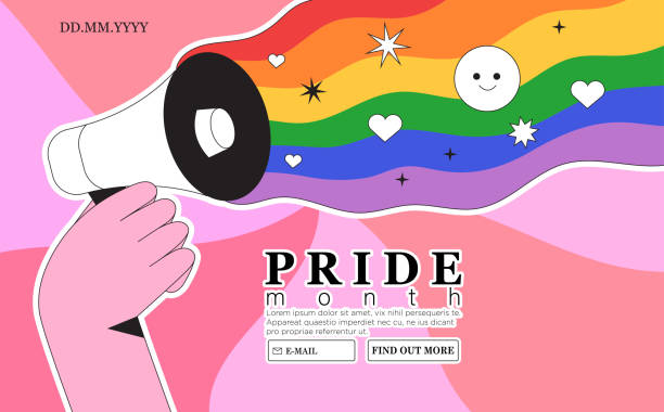 ilustraciones, imágenes clip art, dibujos animados e iconos de stock de altavoz con arco iris lgbt. la gente sostiene un megáfono anunciando el feriado del mes del orgullo o la celebración de la semana contra la violencia, la descriminación, la violación de los derechos humanos. igualdad y autoafirmación. - gay pride flag audio