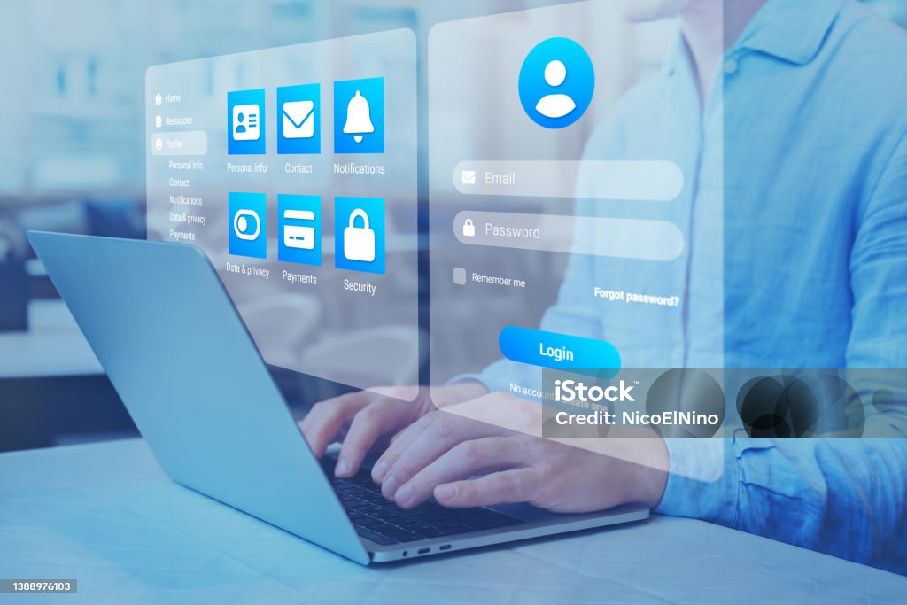 Login page with password to access online profile account. Secured connection and personal data security on internet. Cybersecurity and sign in form. User working on laptop computer. Personal Data Stock Photo
