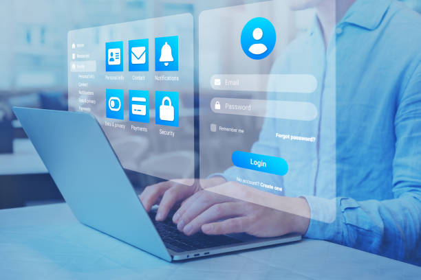 Login page with password to access online profile account. Secured connection and personal data security on internet. Cybersecurity and sign in form. User working on laptop computer. stock photo