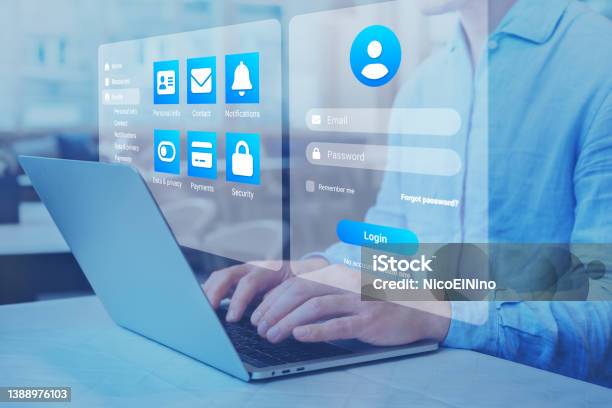 Login Page With Password To Access Online Profile Account Secured Connection And Personal Data Security On Internet Cybersecurity And Sign In Form User Working On Laptop Computer Stock Photo - Download Image Now