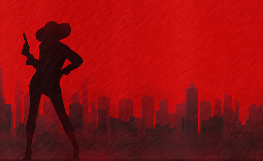 silhouette of a woman in a gun on the background of the city and skyscrapers in the rain