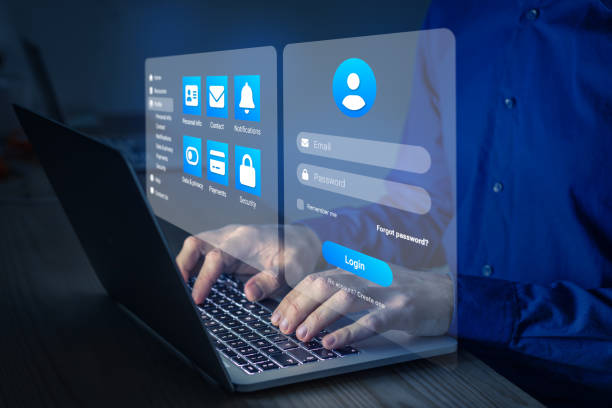 istock Secure online access with password and login page to manage personal profile account. Secured connection and data security on internet. Cybersecurity and sign in form. User working on laptop computer. 1388976930