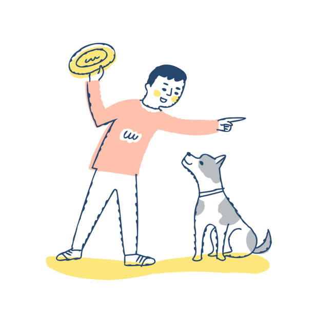 illustrazioni stock, clip art, cartoni animati e icone di tendenza di uomini e cani che giocano con il frisbee - tame