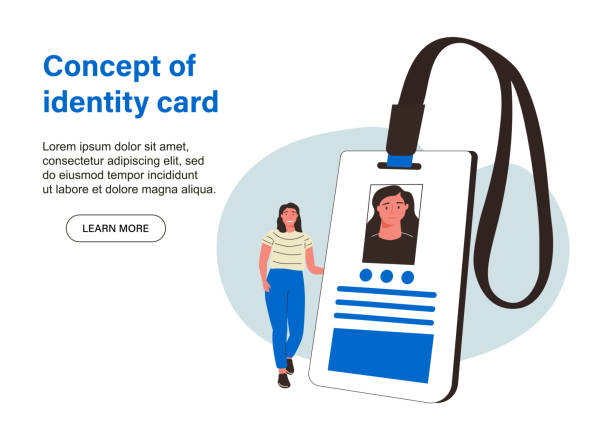 illustrations, cliparts, dessins animés et icônes de modèle de page de destination avec femme tenant un identifiant, une étiquette nominative, un badge. concept de carte d’identité avec informations personnelles. - id card