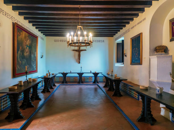 La Rábida, Huelva, Spain. 03/27/2022 Refectory in the Mudejar architectural style of the Monastery of Santa María de la Rábida in Huelva.
