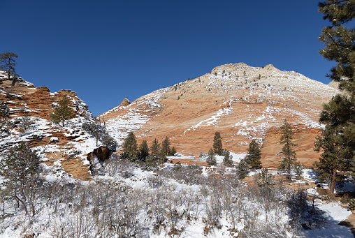 a scenci snow covered Zion National Park Utah landscape in winter