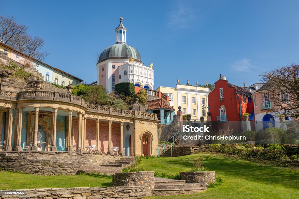 Portmeirion, Wales, UK Wide angle view of colourful buildings at Portmeirion village. Portmeirion is a village in Gwynedd, North Wales. Portmeirion Stock Photo