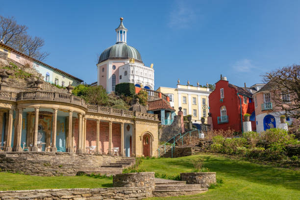 Portmeirion, Wales, UK Wide angle view of colourful buildings at Portmeirion village. Portmeirion is a village in Gwynedd, North Wales. portmeirion stock pictures, royalty-free photos & images