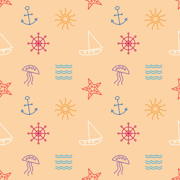 морское путешествие лето бесшовный узор фон. - color image colored background nautical vessel sea stock illustrations