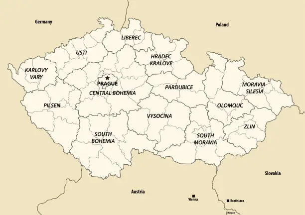 Vector illustration of Czech Republic regions vector map with neighbouring countries and territories