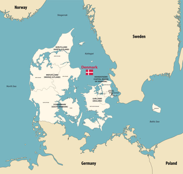 ilustraciones, imágenes clip art, dibujos animados e iconos de stock de mapa vectorial de regiones de dinamarca con las principales ciudades y con los países y territorios vecinos - denmark map copenhagen cartography