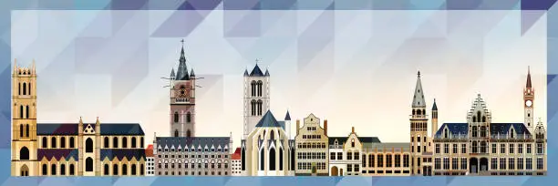 Vector illustration of Ghent skyline vector colorful poster on beautiful triangular texture background