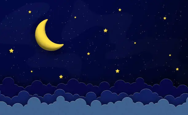 Vector illustration of Moon and stars on the night sky background.