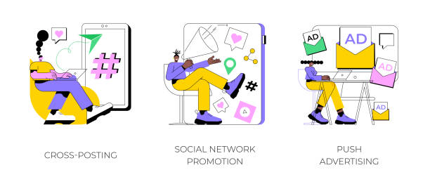 illustrations, cliparts, dessins animés et icônes de illustrations abstraites de vecteur de concept de promotion de médias. - social media marketing branding sign