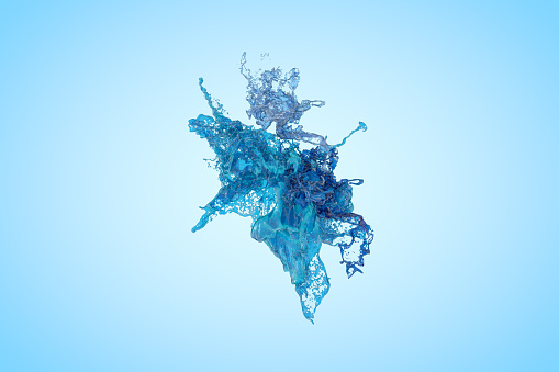 3D Rendering of liquid water splash on blue background
