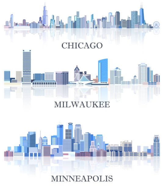 vektorsammlung von stadtansichten der vereinigten staaten: chicago, milwaukee, minneapolis skylines in farbtönen der blauen farbpalette. rystal ästhetik stil - milwaukee stock-grafiken, -clipart, -cartoons und -symbole