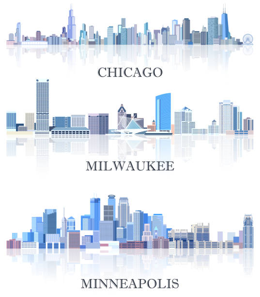 vector collection of United States cityscapes: Chicago, Milwaukee, Minneapolis skylines in tints of blue color palette. rystal aesthetics style vector collection of United States cityscapes: Chicago, Milwaukee, Minneapolis skylines in tints of blue color palette. rystal aesthetics style minneapolis illustrations stock illustrations