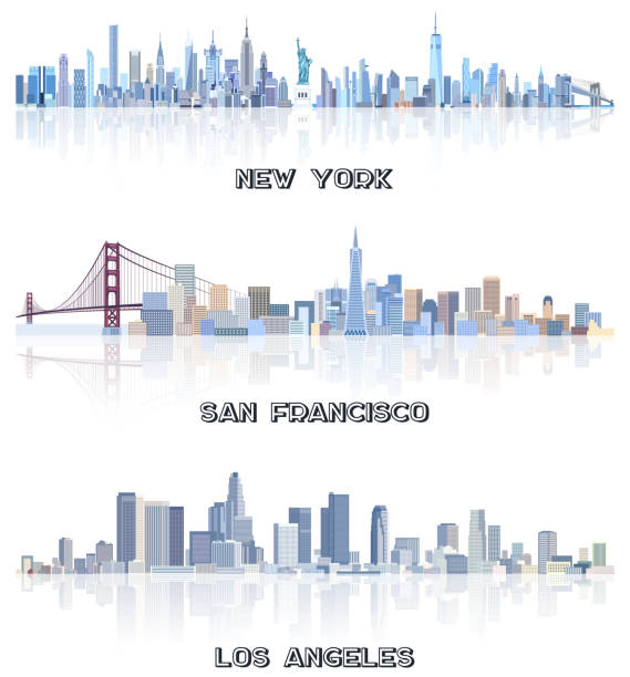 미국 도시 경관의 벡터 컬렉션 : 뉴욕, 샌프란시스코, 로스 앤젤레스 스카이 라인은 파란색 팔레트의 색조. rystal 미학 스타일 - golden gate bridge panoramic san francisco county bridge stock illustrations