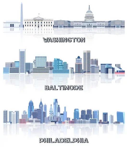 Vector illustration of vector collection of United States cityscapes: Washington, Baltimore, Philadelphia skylines in tints of blue color palette. rystal aesthetics style