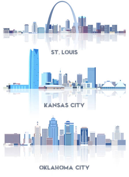 vector collection of United States cityscapes: St. Louis, Kansas City, Oklahoma City skylines in tints of blue color palette. rystal aesthetics style vector art illustration