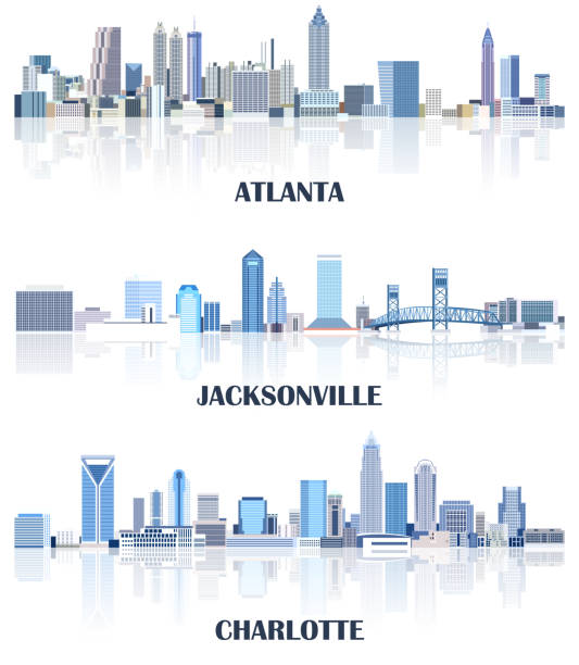 vector collection of United States cityscapes: Atlanta, Jacksonville, Charlotte skylines in tints of blue color palette. rystal aesthetics style vector art illustration