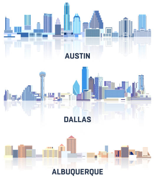 ilustrações, clipart, desenhos animados e ícones de coleção vetorial de paisagens urbanas dos estados unidos: austin, dallas, horizontes de albuquerque em tons de paleta de cores azuis. estilo estético rystal - albuquerque new mexico skyline building exterior