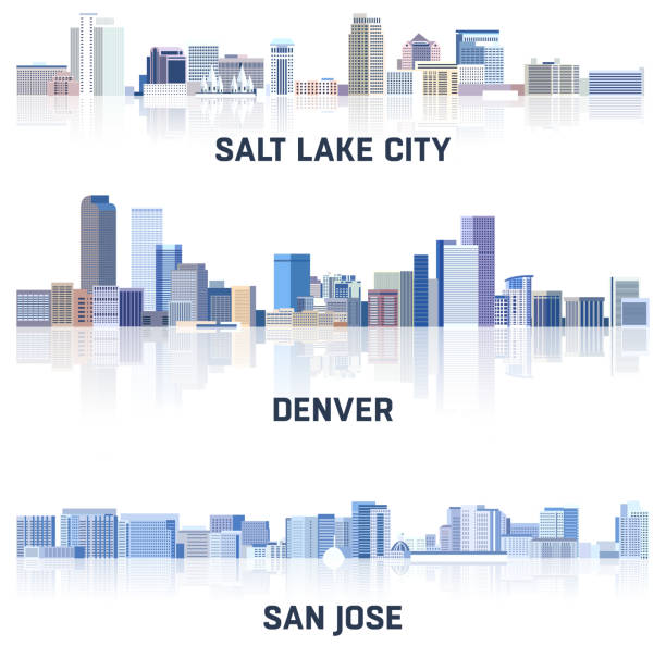 illustrazioni stock, clip art, cartoni animati e icone di tendenza di collezione vettoriale di paesaggi urbani degli stati uniti: skyline di salt lake city, denver, san jose in tinte di tavolozza di colori blu. stile estetico rystal - salt lake city illustrations