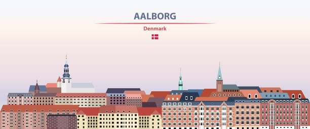 Aalborg cityscape on sunset sky background vector illustration with country and city name and with flag of Denmark Aalborg cityscape on sunset sky background vector illustration with country and city name and with flag of Denmark aalborg stock illustrations