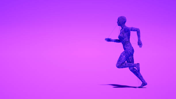 Cyborg running on purple background, 3d wired shape, Artificial Intelligence, Machine learning Concept.
