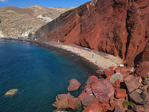 High up view of famous Red Beach, Santorini, Greece
