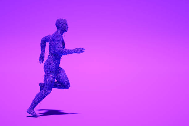 Cyborg running on purple background, 3d wired shape, Artificial Intelligence, Machine learning Concept.
