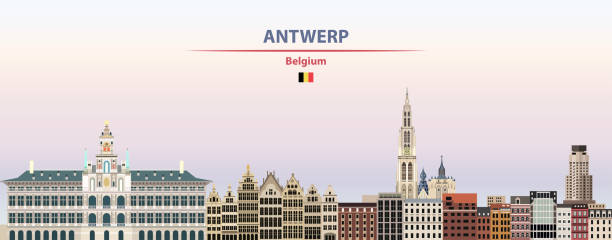 Antwerp cityscape on sunset sky background vector illustration with country and city name and with flag of Belgium vector art illustration