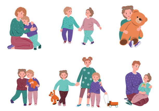 아이들, 부모, 작은 친구들 사이의 따뜻한 포옹 세트. 사랑으로 어머니, 아버지 및 기타 다양한 아이들을 포용 행복한 아이. - mixed age child love teamwork stock illustrations