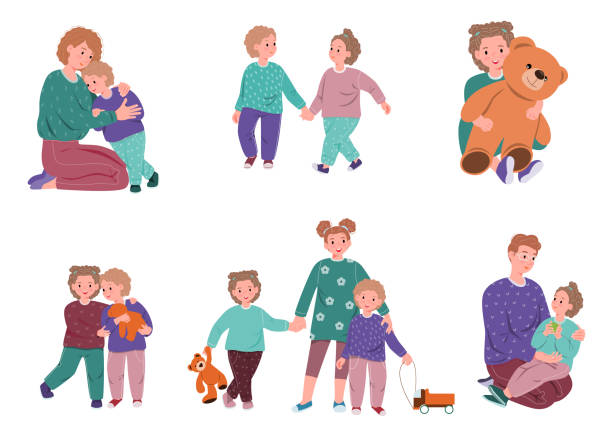 Set of warm hugs between kids, parents and little friends. Happy child embracing mother, father and other diverse children with love. Set of warm hugs between kids, parents and little friends. Happy child embracing mother, father and other diverse children with love. Colored flat vector illustration isolated on white background mother-in-law stock illustrations