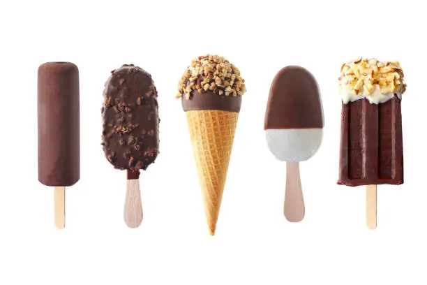 Photo of Set of unique summer chocolate popsicle and ice cream treats isolated on white