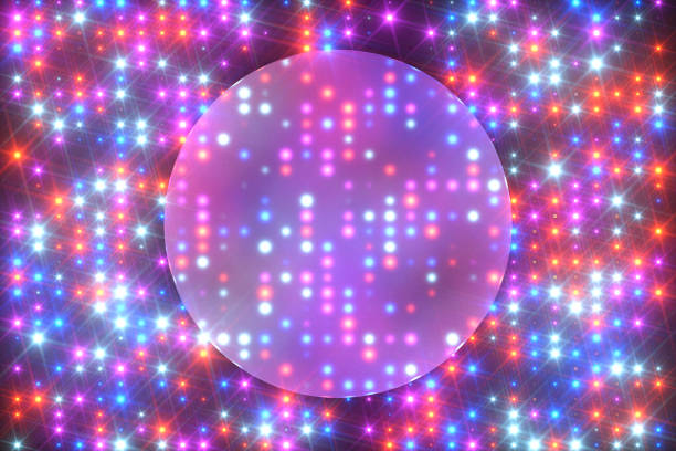istock Colorful neon glowing spotlights with empty glass frame 1388991023