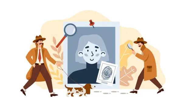 Vector illustration of Detective agents investigating crime, flat vector illustration isolated.