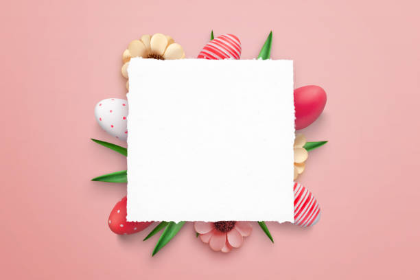 istock Blank paper surrounded with Easter eggs and decorations for promo greeting text 1388993154
