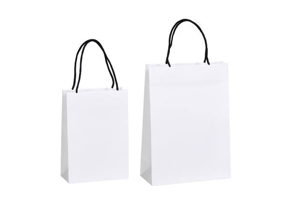 Two different sized white cardboard bags with black cord on white background
