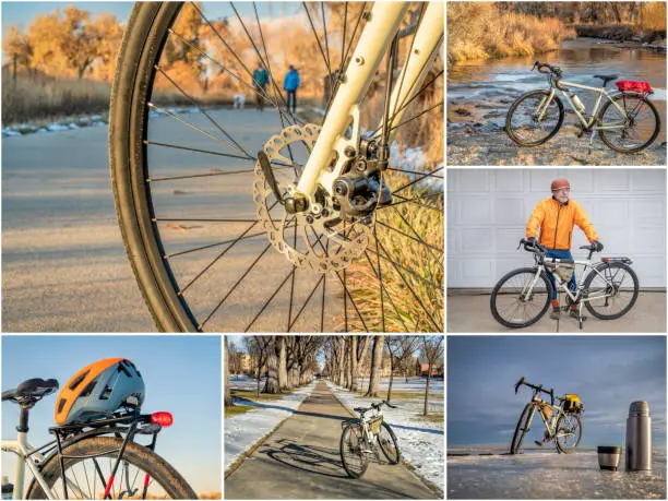 riding a touring or gravel bike on trails in Fort Collins area in Colorado, set of pictures featuring the same senior male cyclist, all images copyright by the photographer