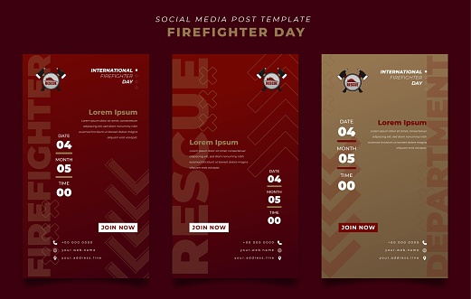 Set of social media template with red and gold background for firefighter day in portrait design
