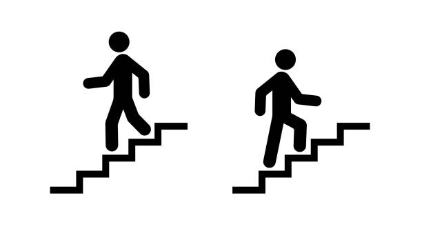 ilustraciones, imágenes clip art, dibujos animados e iconos de stock de icono de un hombre en las escaleras - escalator steps staircase moving up