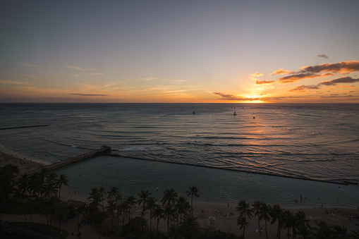 Sunset over Waikiki beach.