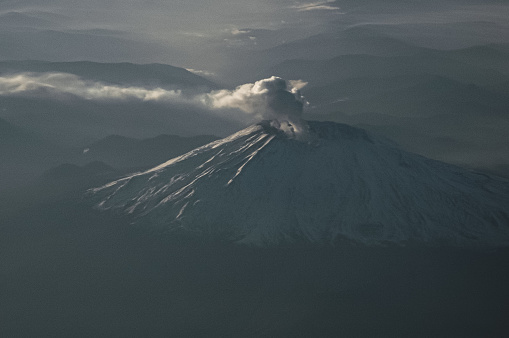 Mount Saint Helens activly smoking shot from a flight out of Seatac.