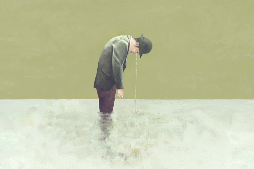 Illustration of sad man crying a sea of tears, surreal abstract negative concept