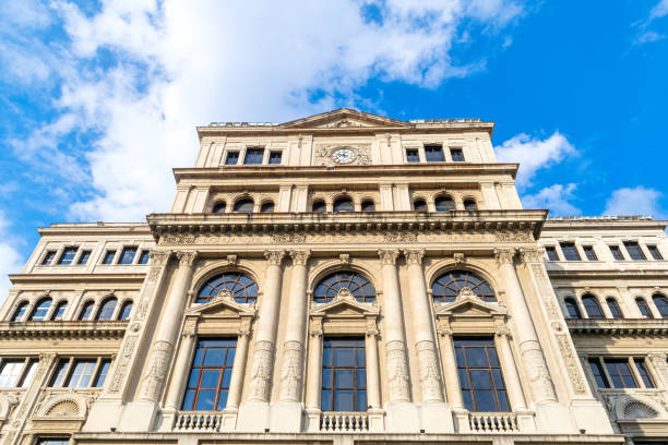 Havana, Cuba - March 5, 2022: Low angle view of the former Stock Exchange Building in Old Havana. No people. This famous place is a Unesco World Heritage Site