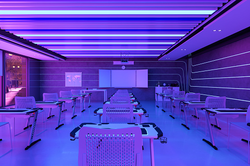 Empty Classroom Interior With Whiteboard, Desks, Chairs And Neon Lights