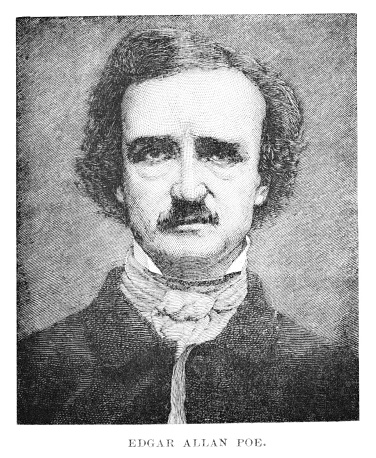 Portrait of Edgar Allan Poe, an American poet and author.  Poe was born January 19, 1809, in Boston, Massachusetts, and  died October 7, 1849,  in Baltimore, Maryland, The famous author was a graduate of the University of Virginia Military Academy. Illustration published in an 1898 literature book. Copyright has expired and is in Public Domain.