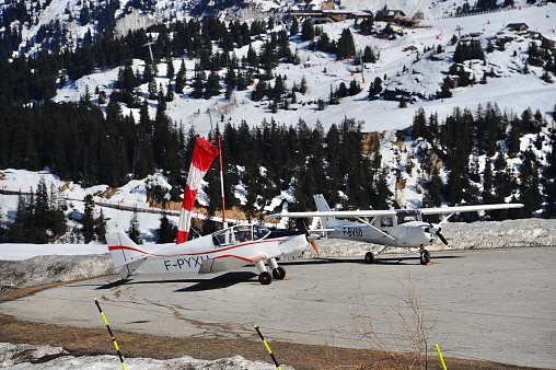 Courchevel,Rhône alps,France.March 25th 2022. Private jets on the Courchevel airport by winter. Many people visiting Courchevel are coming with their private jets.