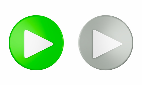 Green and gray Play marker buttons. Active and deactive buttons. Buttons on a white background with clipping path isolated on white background. 3d rendering.